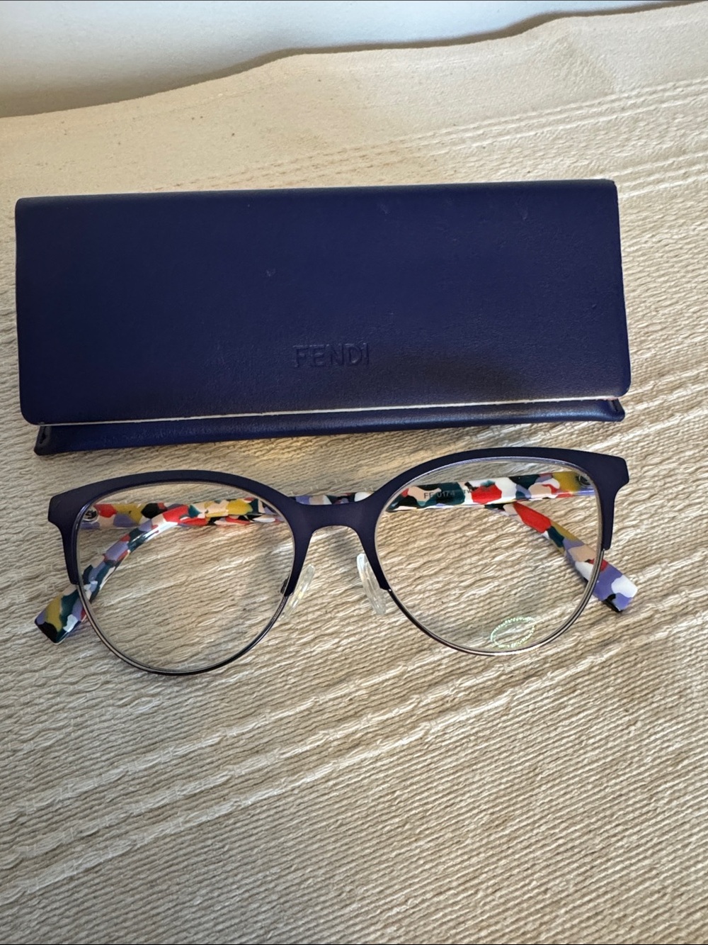 Fendi Navy Round-Top Glasses with Multicolor Patterned Temples